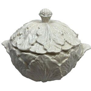 WHITTIER POTTERY Lg Cabbage Soup Tureen 5 qt Vtg 1978 USA Ivory Blue Over Glaze